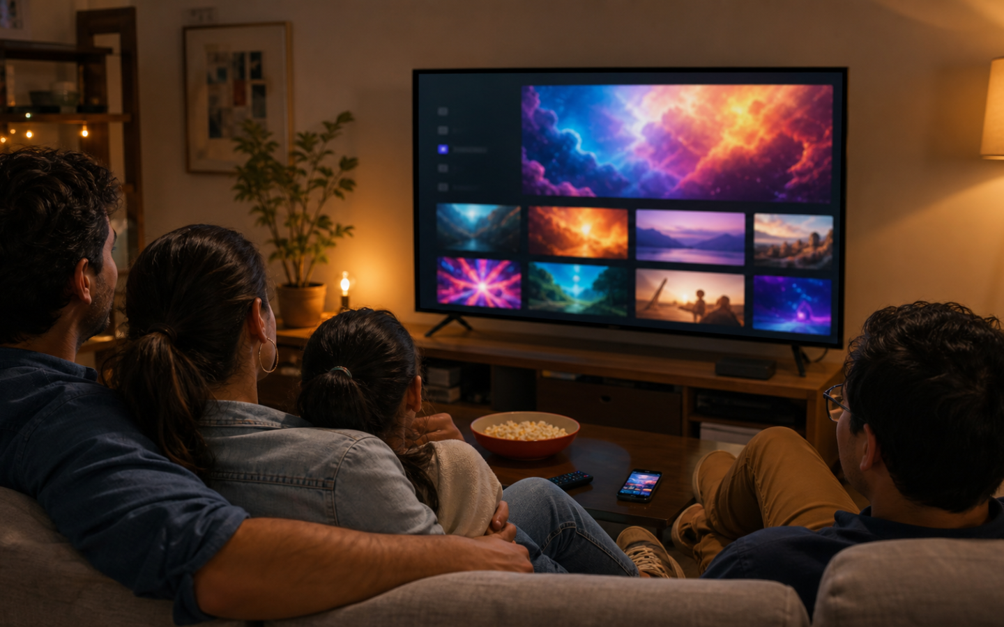 Familia observa contenido de video en una televisión conectada a internet en una imagen editorial