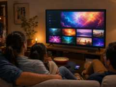 Familia observa contenido de video en una televisión conectada a internet en una imagen editorial